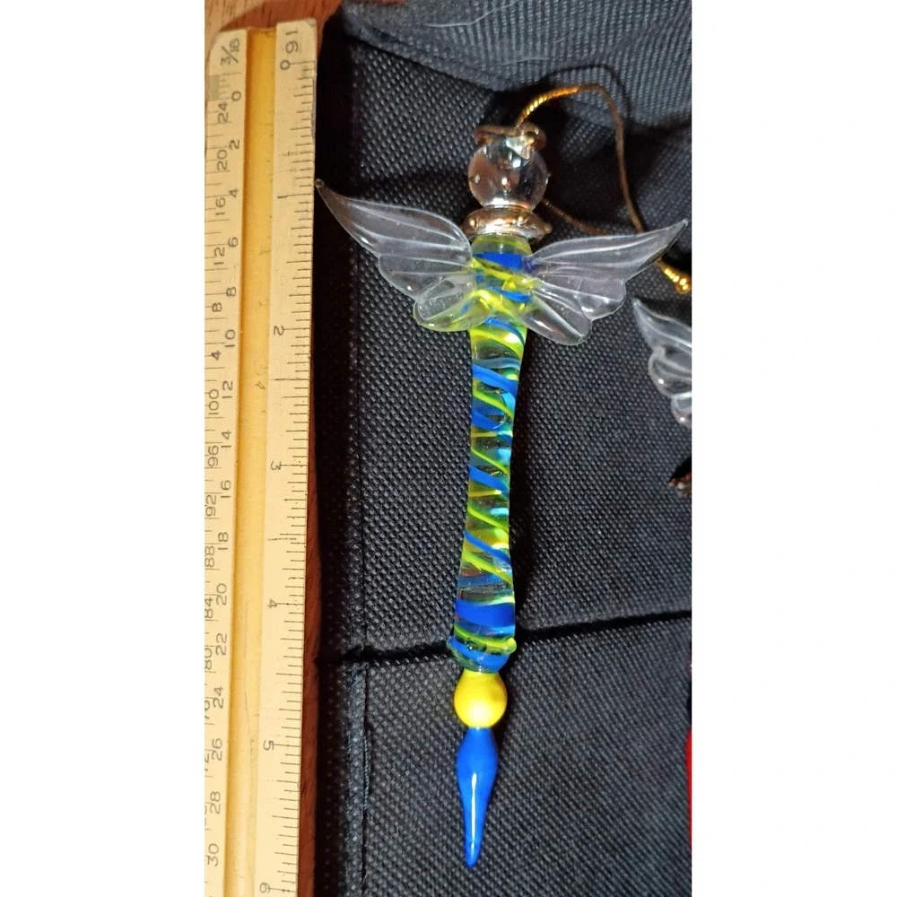 Hand Blown Glass Angel Ornaments Pair Colorful Spiral Icicle 5.25 Inch Set of 2